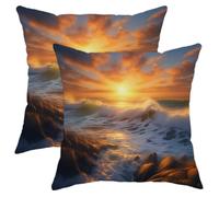 Juego de 2 fundas de cojín con cremallera de amanecer, diseño de ondas, mar, océano, naturaleza, nube, cielo, sol, paisaje, orillas, naranja, gris, terciopelo, adornos cómodos, fundas de cojín suaves