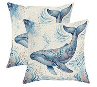 Juego de 2 fundas de cojín con diseño de ballena, diseño náutico, burbujas artísticas, coral, color azul verano, con cremallera oculta, fundas de cojín para el hogar, sala de estar, dormitorio