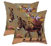 Juego de 2 fundas de cojín con diseño de burro, diseño de cesta de flores vintage rústicas, animales rústicos, decoración de terciopelo marrón, para interiores, sala de estar, sofá, cama, hogar