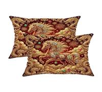 Juego de 2 fundas de cojín con diseño de caballo, diseño de dragón de fantasía oriental, color dorado, de terciopelo suave, lavable, para decoración del hogar, sala de estar, dormitorio, sofá, 20 x 12