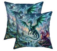 Juego de 2 fundas de cojín con diseño de dragón, diseño de cascada de montaña mística, color verde fantasía, terciopelo suave, lavable, para sala de estar, cama, oficina, sofá, silla, decoración, 20 x