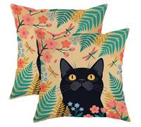 Juego de 2 fundas de cojín con diseño de gato, flores y helechos primaverales, color negro, de terciopelo suave, lavables, para el hogar, sala de estar, dormitorio, sofá, decoración de 14 x 14