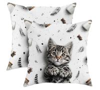 Juego de 2 fundas de cojín con diseño de gato, plumas juguetonas, huesos, ninguno blanco, terciopelo suave, lavable, para el hogar, sala de estar, dormitorio, sofá, decoración de 20 x 20 pulgadas