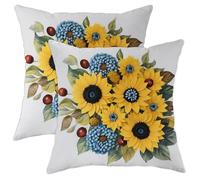 Juego de 2 fundas de cojín con diseño de girasol, flores azules vibrantes, hojas de otoño, amarillo, terciopelo suave, lavable, fundas decorativas para sala de estar, cama, oficina, sofá, silla