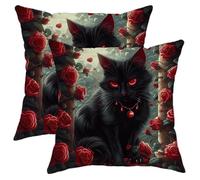 Juego de 2 fundas de cojín con diseño de rosas, diseño de gato y hojas florales, animales divertidos, mágico, terciopelo, negro, rojo, lavable, cómodo, para sofá, dormitorio, apartamento, fundas de