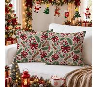 Juego de 2 fundas de cojín con diseño navideño de bastón de caramelo de 16 | Ramas de pino, fundas de cojín, palitos de canela, lazos rojos, detalles de temporada para el hogar, decoración acogedora