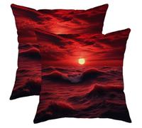Juego de 2 fundas de cojín cuadradas con cierre de amanecer, diseño de ondas, mar, océano, nube, artístico, rojo, naranja, terciopelo, cómodo, decorativo, para sofá, apartamento, sofá, 20 x 20