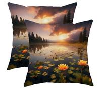 Juego de 2 fundas de cojín cuadradas con cierre de amanecer, paisaje floral, lago, bosque, naturaleza, nube, montaña, cielo, escena, primavera, verde, naranja, terciopelo, adornos suaves, para sofá