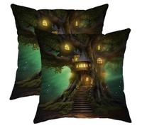 Juego de 2 fundas de cojín cuadradas con purpurina, diseño de árbol mágico, para niños, hermoso terciopelo verde y amarillo, cómodas, decorativas, para sofá, dormitorio, apartamento, sofá, 16 x 16