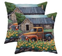 Juego de 2 fundas de cojín cuadradas de primavera con diseño de camión, floral, árbol, cabaña, rústico, verde, naranja, amarillo, terciopelo, cómodas, decorativas, para sofá, dormitorio, apartamento