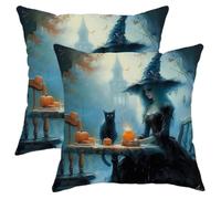 Juego de 2 fundas de cojín de bruja con diseño de gato y calabaza, sombrero mágico, castillo, hermosa niña, pájaro, azul, naranja, terciopelo, cómodas, decorativas, para sala de juegos, hogar, sofá