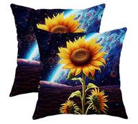 Juego de 2 fundas de cojín de flores, diseño de planeta, girasol, universo, estético, artístico, de ensueño, terciopelo, azul, naranja, cómodas, lavables, para dormitorio, apartamento, sofá, fundas de