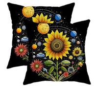 Juego de 2 fundas de cojín de flores, diseño de planeta, tierra, luna, estrella, girasol, hojas bonitas, plantas, amarillo, verde, terciopelo, cómodas, decorativas, para dormitorio, apartamento, sofá