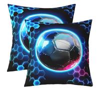 Juego de 2 fundas de cojín de fútbol de 18 x 18 pulgadas, fundas de cojín de fútbol con purpurina para niños y hombres, diseño geométrico hexagonal de panal de abeja, color azul y negro, fundas de