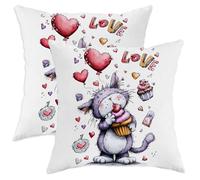 Juego de 2 fundas de cojín de gato, diseño de corazones juguetones, magdalenas, San Valentín, melocotón, terciopelo suave, lavable, para sala de estar, apartamento, cama, sofá, decoración de 24 x 24