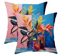 Juego de 2 fundas de cojín de primavera artísticas modernas y hermosas hojas de flores, botellas de vidrio, azul, rosa, amarillo, terciopelo, cómodas, decorativas, para dormitorio, apartamento, sofá