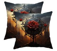 Juego de 2 fundas de cojín de primavera con diseño de rosas, estilo oscuro, ciudad, puesta de sol, árbol, rama, hermoso, rojo, naranja, terciopelo, cómodas, decorativas, para dormitorio, apartamento