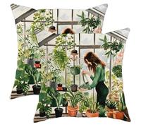 Juego de 2 fundas de cojín de primavera con hojas botánicas de acuarela para niñas, granja, plantas tropicales, terciopelo verde, cómodas, decorativas, para sofá, dormitorio, apartamento, fundas de