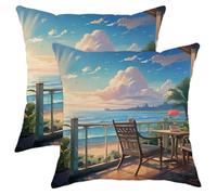 Juego de 2 fundas de cojín de primavera con orillas del océano, playa, plátano, árbol, isla, hojas, silla, sol, nube, flor, terciopelo azul y blanco, cómodas, decorativas, para dormitorio, apartamento