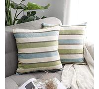 Juego de 2 fundas de cojín de rayas de lino de algodón decoración vintage paquete doble fundas de almohada cómodo sofá decorativo para sala de estar hogar dormitorio oficina-Los 50*50cm_Verde y azul