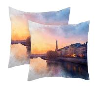 Juego de 2 fundas de cojín de terciopelo suave con diseño de acuarela de la Torre de París Sena al atardecer, funda de almohada decorativa moderna de doble cara, 50 x 50 cm (relleno no incluido)