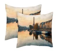 Juego de 2 fundas de cojín de terciopelo suave con diseño moderno decorativo de doble cara, diseño de Torre de París, río Sena al atardecer, 50 x 50 cm (relleno no incluido)