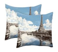 Juego de 2 fundas de cojín de terciopelo suave, diseño moderno decorativo de doble cara, diseño de Torre Eiffel, río Sena, cielo azul, 50 x 50 cm (relleno no incluido)