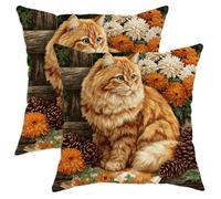 Juego de 2 fundas de cojín decorativas con diseño de gato de jengibre y flores, decoración de otoño para el hogar, sofá, cama, 22 x 22 pulgadas