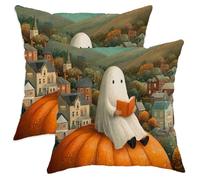 Juego de 2 fundas de cojín decorativas de Halloween, diseño de fantasma leyendo sobre calabaza, decoración de granja otoñal para el hogar, sofá, 18 x 18 pulgadas
