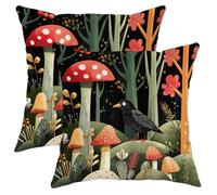 Juego de 2 fundas de cojín decorativas de hongos del bosque, fundas de cojín decorativas negras y rojas, temática de naturaleza otoñal, decoración del hogar para sofá, cama, 16 x 16 pulgadas