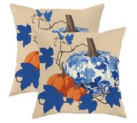 Juego de 2 fundas de cojín decorativas de otoño con calabaza azul y hojas, decoración de granja otoñal para sala de estar, sofá, cama, sofá, 24 x 24 pulgadas