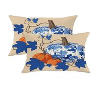 Juego de 2 fundas de cojín decorativas de otoño con diseño de calabaza azul y hojas, decoración de granja otoñal para sala de estar, sofá, cama, 20 x 12 pulgadas