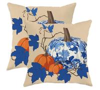 Juego de 2 fundas de cojín decorativas de otoño con diseño de calabaza azul y hojas, decoración de granja otoñal para sala de estar, sofá, cama, 18 x 18 pulgadas