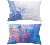 Juego de 2 Fundas de Cojín Exterior 70x90 cm,Azul Fundas de Cojines Jardín Impermeables con Efecto Lino,Geometría Funda Cojín Lumbar Rectangular Decorativa para Sofá de Palets,Balcón y Patio M-P445