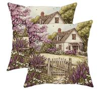 Juego de 2 fundas de cojín florales de primavera, fundas de cojín con detalles de flores de lavanda y melocotón, estilo rústico decorativo para sofá, cama, decoración del hogar de primavera, 16 x 16