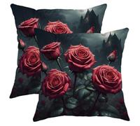 Juego de 2 fundas de cojín góticas para el día de San Valentín, ramo de rosas rojas, castillo de terror, negro, acogedoras, cortas, de felpa, lavables, para interiores, dormitorio, dormitorio, sofá