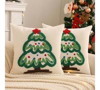 Juego de 2 fundas de cojín navideñas de lino 3D con bordado estéreo verde árbol de Navidad fundas de cojín modernas de invierno decorativas fundas de cojín para sofá, cama, coche, oficina, cafetería