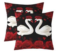 Juego De 2 Fundas De Cojín para Sofá Linda Fundas Cojines Suave Funda De Almohada para Coche Patio Salón 45X45Cm Cisne Rosas Románticas Flores San Valentín Negro Rojo Pareja