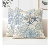 Juego de 2 Fundas de Cojines 50x50 Impermeables Verano Decoracion Hogar Funda para Cojin Azul Océano Estrella de Mar Funda de Almohada para Salon de Estar Dormitorio Sillas Jardin