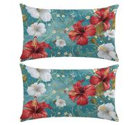 Juego de 2 Fundas de Cojines 50x70 cm Funda de Almohada de Lino Cojines para Sofa Azul Funda Cojin Decorativos para Sofá Silla Cama Sala de Estar Dormitorio con Cremallera Oculta (Flor Roja) -XY294