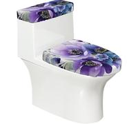 Juego de 2 fundas elásticas para tapa de inodoro y tanque de inodoro con parte inferior elástica, funda suave para asiento de inodoro, diseño de ramo de flores color morado y azul para decoración del