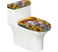 Juego de 2 fundas elásticas para tapa de inodoro y tanque de inodoro con parte inferior elástica, funda suave para asiento de inodoro, diseño de dibujos animados, elefante, girasoles para decoración