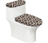 Juego de 2 fundas elásticas para tapa de inodoro y tanque de inodoro con parte inferior elástica, funda suave para asiento de inodoro, diseño retro, color marrón crema, líneas circulares geométricas