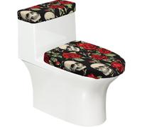 Juego de 2 fundas elásticas para tapa de inodoro y tanque de inodoro con parte inferior elástica, funda suave para asiento de inodoro, diseño de calavera de terror de rosa roja para decoración del