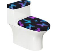 Juego de 2 fundas elásticas para tapa de inodoro y tanque de inodoro con parte inferior elástica, funda suave para asiento de inodoro azul, morado, mariposa sobre negro, para decoración del hogar del