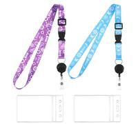 Juego de 2 fundas para tarjetas con cinta, colgante de tarjetas de embarque, collar extensible con funda impermeable de identificación de poliéster suave para cruceros y conferencias (azul/morado)