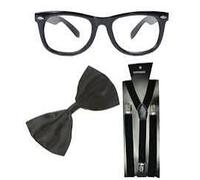 Juego de 2 gafas con lentes transparentes, 2 pajaritas, 2 tirantes y tubo de sangre falso (16 ml) con cicatrices temporales de tatuaje, paquete de accesorios para disfraz de pareja de Halloween para