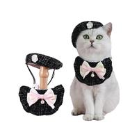 Juego de 2 gorros de boina de gato con pajarita y bandana, disfraz ajustable para mascotas, para Halloween, Navidad, fiesta de cumpleaños, diseño de camelia negro y rosa (lazo negro)