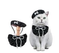 Juego de 2 gorros de boina de gato con pajarita y bandana, disfraz ajustable para mascotas, para Halloween, Navidad, fiesta de cumpleaños, diseño de camelia negra y rosa (perla negra)