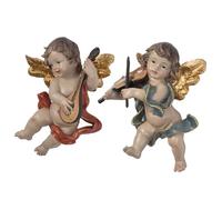 Juego de 2 grandes ángeles colgantes de polirresina, ángeles decorativos con violín y mandolina, alas doradas, aprox. 20-22 cm, diseño amoroso para pared o ventana